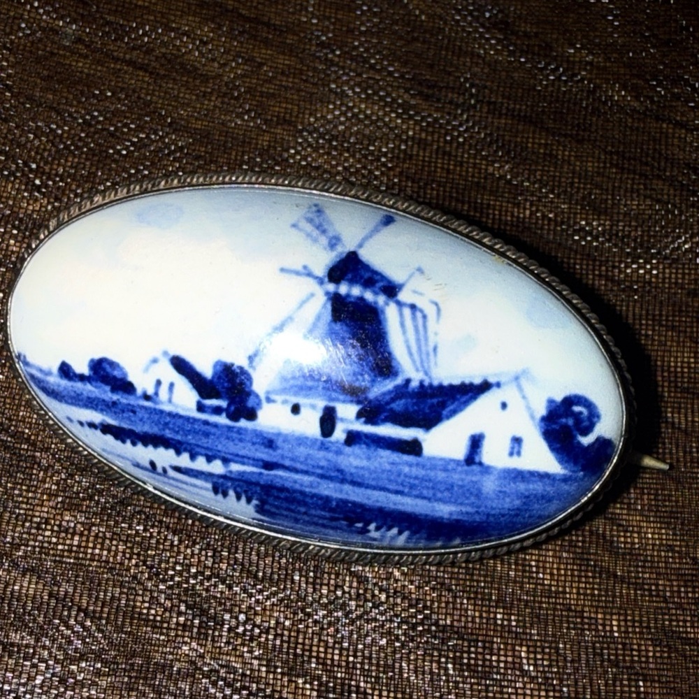 Delf Blue White Windmill Art Piece sterling silver porcelain Holland vintage
